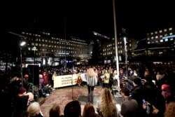 People protest the awarding of the 2019 Nobel Prize for Literature to Peter Handke in Stockholm on December 10. (file photo)