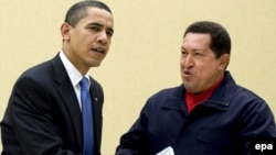 Venezuelan President Hugo Chavez (right) with U.S. President Barack Obama at the 5th Summit of the Americas in Port Spain in mid-April; Chavez gave Obama a copy of Uruguayan author Eduardo Galeano's "Open Veins Of Latin America."