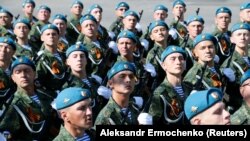 Separatist troops take part in a rehearsal for the Victory Day parade, which marks the anniversary of the victory over Nazi Germany in World War II, in Donetsk, on May 6.