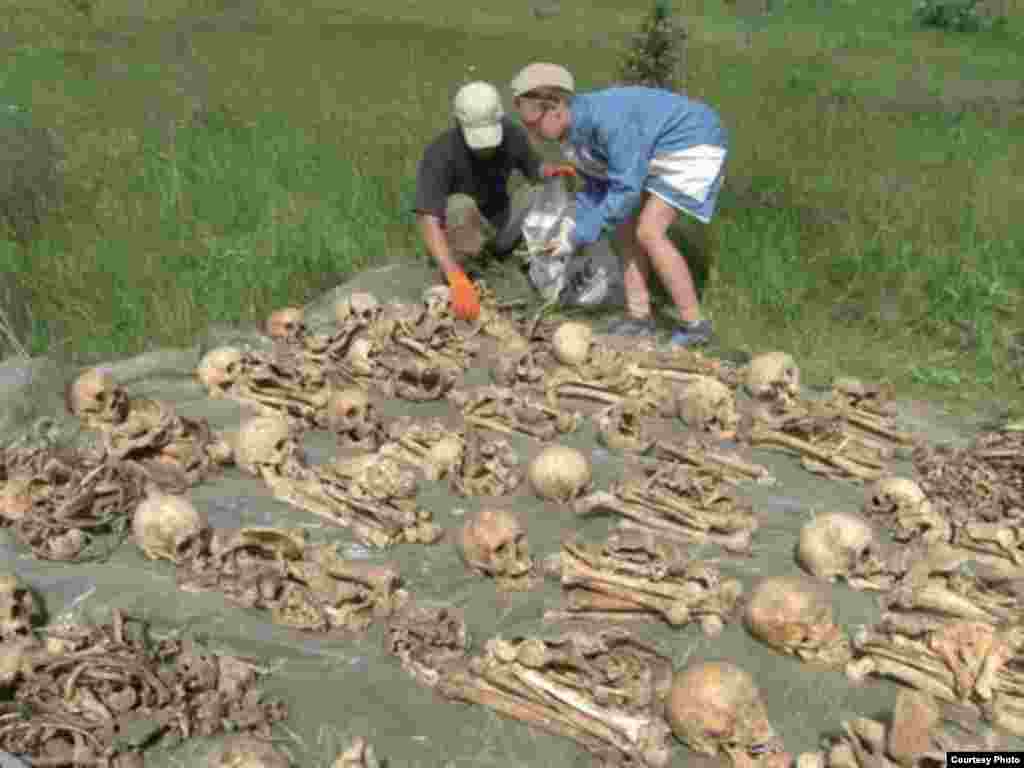 Remains of Soviet World War II POWs unearthed at the site of a former German labor camp in Luhansk Oblast, Ukraine. Photo by Oleksandr Hizay (Kaskad history research organization)