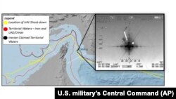 Localizarea geografică a dronei amerciane doborîte de o rachetă iraniană, imagine furnizată de U.S. military's Central Command 