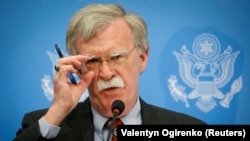 U.S. national-security adviser John Bolton speaks at a news conference in Kyiv on August 24. 