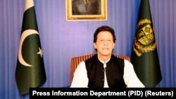 Pakistan's Prime Minister Imran Khan, speaks to the nation in his first televised address in Islamabad on August 19.