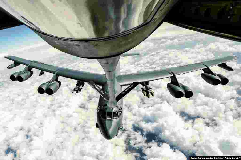 An Air Force B-52 Stratofortress refueling during a bombing mission over Syria in February 2017. After the regime-aligned forces attacked the Kurdish base, American aircraft and artillery were used to pummel the attackers. At least dozens were killed in the &quot;inferno,&quot; including many Russian mercenaries.