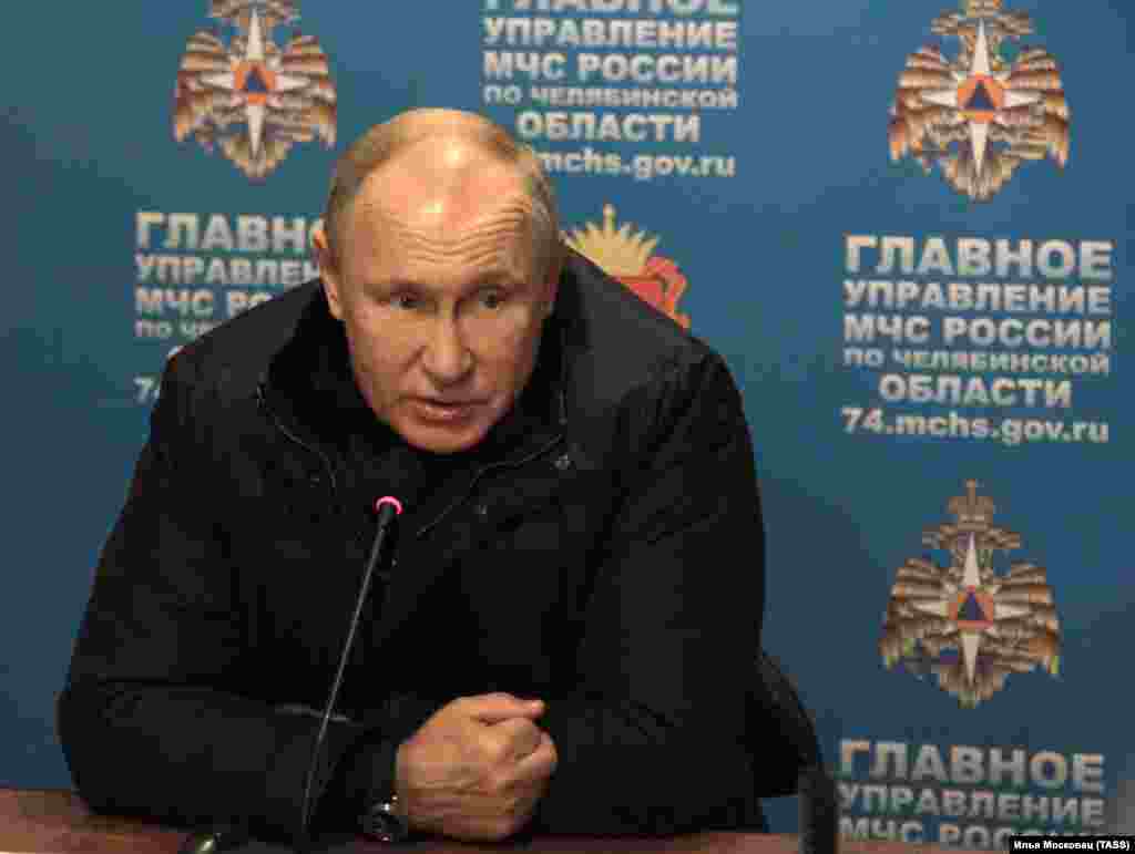 Russian President Vladimir Putin speaks shortly after arriving in Magnitogorsk on December 31.