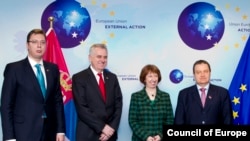 Belgium -- EU foreign-policy chief Catherine Ashton meets with Serbian First deputy Prime Minister Aleksandar Vucic (L), Serbian President Tomislav Nikolic and Serbian Prime Minister Ivica Dacic (R) in Brussels, 11Mar2013