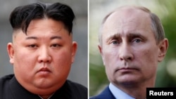 A combination file photo of North Korean leader Kim Jong Un (left) and Russian President Vladimir Putin