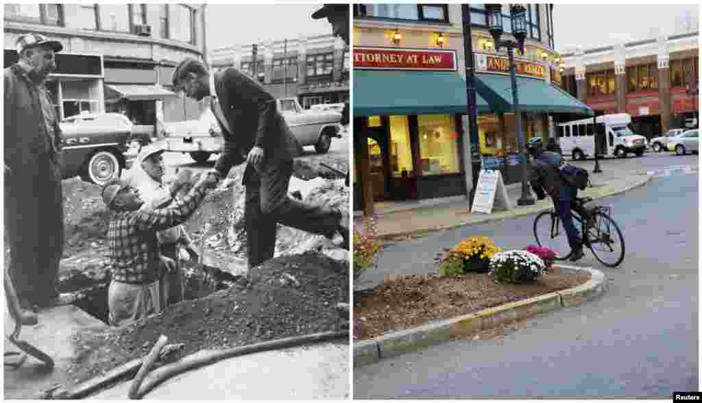 Left photo: United States Senator John F. Kennedy (right) shakes hands with workers on Medford Square in Medford, Massachusetts in June 1958. Right photo: A cyclist riding around the same spot on November 11, 2013. 