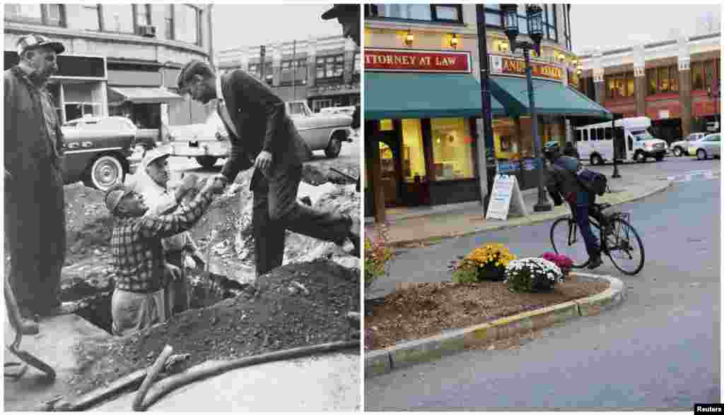 Left photo: United States Senator John F. Kennedy (right) shakes hands with workers on Medford Square in Medford, Massachusetts in June 1958. Right photo: A cyclist riding around the same spot on November 11, 2013.