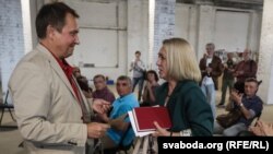 Alexander Lukashuk receives the Ales Adamovich Award at a ceremony in Minsk at performing arts space OK 16, Minsk, Belarus, on May 28, 2018.