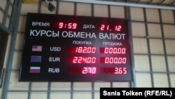 На табло с курсами валют не указана цена продажи доллара и евро. Актау, 21 декабря 2014 года.