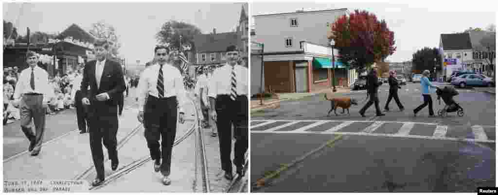 Left photo: U.S. Congressman John F. Kennedy (second from left) walking in the Bunker Hill Day Parade in Charlestown, Massachusetts, on June 17, 1950. Right photo: Pedestrians cross Bunker Hill Street at the same spot on November 10, 2013.