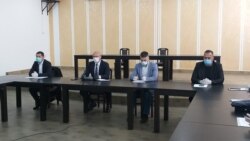Kryetarët e katër komunave në veri të Kosovës në një konferencë për shtyp, më 15 prill, 2020. Nga e majta: Zoran Todiq, Goran Rakiq, Vuçina Jankoviq, Srgjan Vuloviq.
