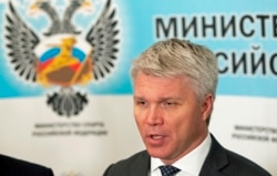 Russian Sports Minister Pavel Kolobkov speaks to the media in Moscow in July.