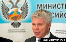 Russian Sports Minister Pavel Kolobkov speaks to the media in Moscow in July.
