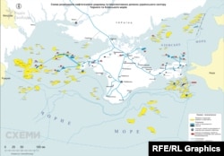 На схемі розміщення нафтогазових родовищ в Чорному та Азовському морях жовтим позначені анексовані ділянки