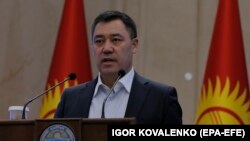 Kyrgyz Prime Minister Sadyr Japarov speaks during an extraordinary session of the Jogorku Kenesh for the resignation of President Sooronbai Jeenbekov (not pictured), in Bishkek on October 16.