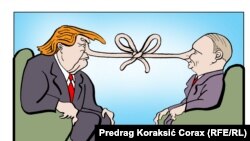 Трамп менен Путиндин кездешүүсү тууралуу Сербияда тартылган карикатура.