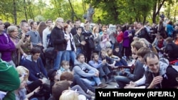 Opposition activists take part in an antigovernment protest in central Moscow on May 10.