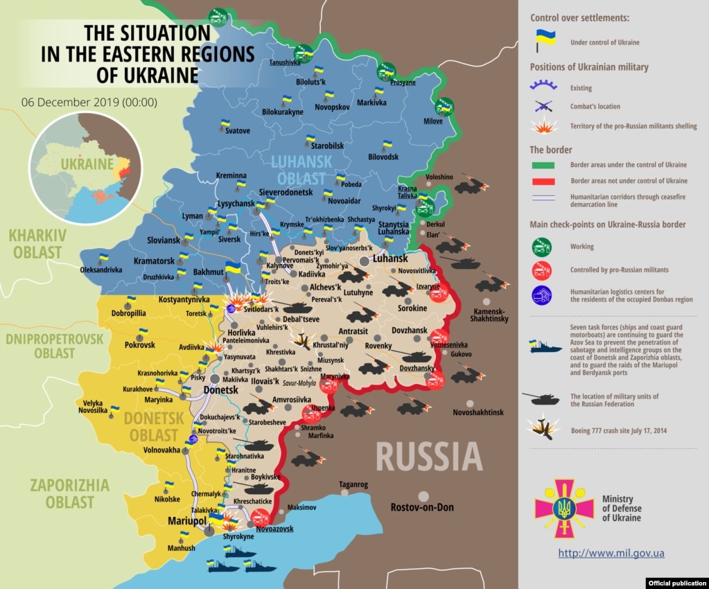 A December 6 map showing the security situation in eastern Ukraine, according to the National Security and Defense Council.