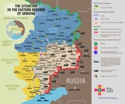 A December 6 map showing the security situation in eastern Ukraine, according to the National Security and Defense Council.