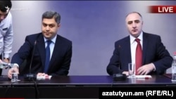 Artur Vanetsian (left) and Sasun Khachatrian confirmed the authenticity of the recording at a joint news conference in Yerevan.