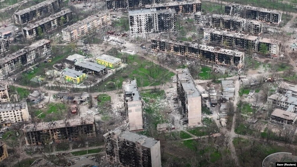 An aerial view on April 24 of Mariupol, the southern port city that has been reduced to rubble amid Russia's invasion of Ukraine. 