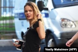 Pussy Riot member Veronika Nikulshina arrives for a court hearing in Moscow on July 31 after being detained along with three others the day before.