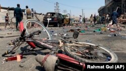 بایسکل تخریب شده در محل وقوع یک حمله انتحاری در کابل. July 25, 2019