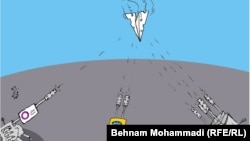 A graphic by Behnam Mohammadi for Radio Farda depicting attacks on social media app, Telegram, April 2017