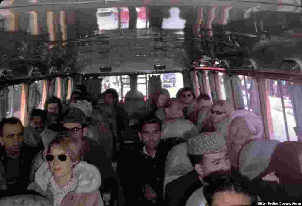 Peg Podlich (in sunglasses) during a family trip by bus from Kabul to Peshawar, Pakistan.