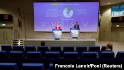 Belgium -- European Commission President Ursula von der Leyen holds a news conference detailing EU efforts to limit economic impact of the coronavirus outbreak, Brussels, April 2, 2020.