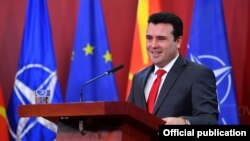 Macedonian Prime Minister Zoran Zaev speaks to reporters on January 12 in Skopje.