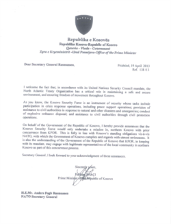 Letra që Thaçi i kishte dërguar Sekretarit të Përgjithëm të NATO-s.