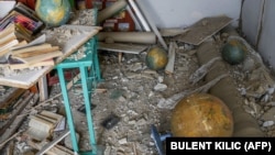 A destroyed classroom in a school hit by Russian rockets in the southern Ukrainian village of Zelenyi Hai. (file photo)