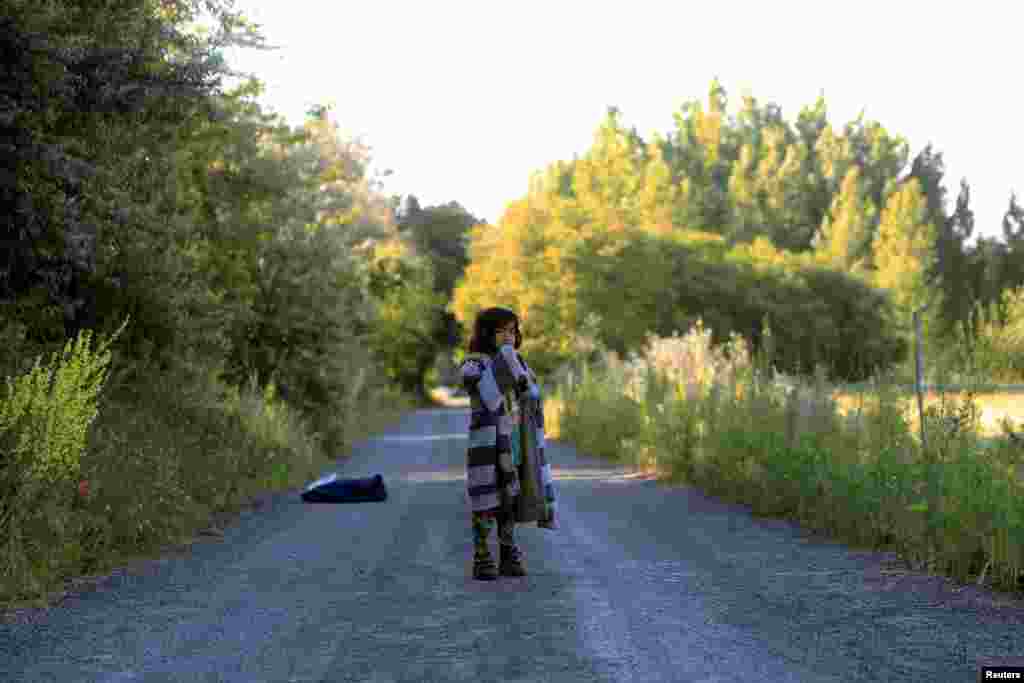 An Afghan girl stands on a road after crossing the Hungarian-Serbian border illegally near the village of Asotthalom. (Reuters/​Bernadett Szabo)