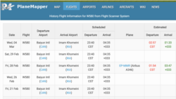 Screenshot of PlaneMapper showing scheduled Mahan Flights to Shanghai's Bayun International Airport on Febraury 28 and March 4.