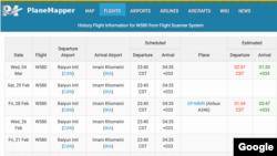Screenshot of PlaneMapper showing scheduled Mahan Flights to Shanghai's Bayun International Airport on Febraury 28 and March 4.