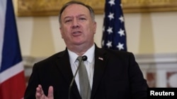 U.S. Secretary of State Mike Pompeo speaks at a news conference with British Foreign Secretary Dominic Raab at the State Department in Washington, U.S., September 16, 2020.