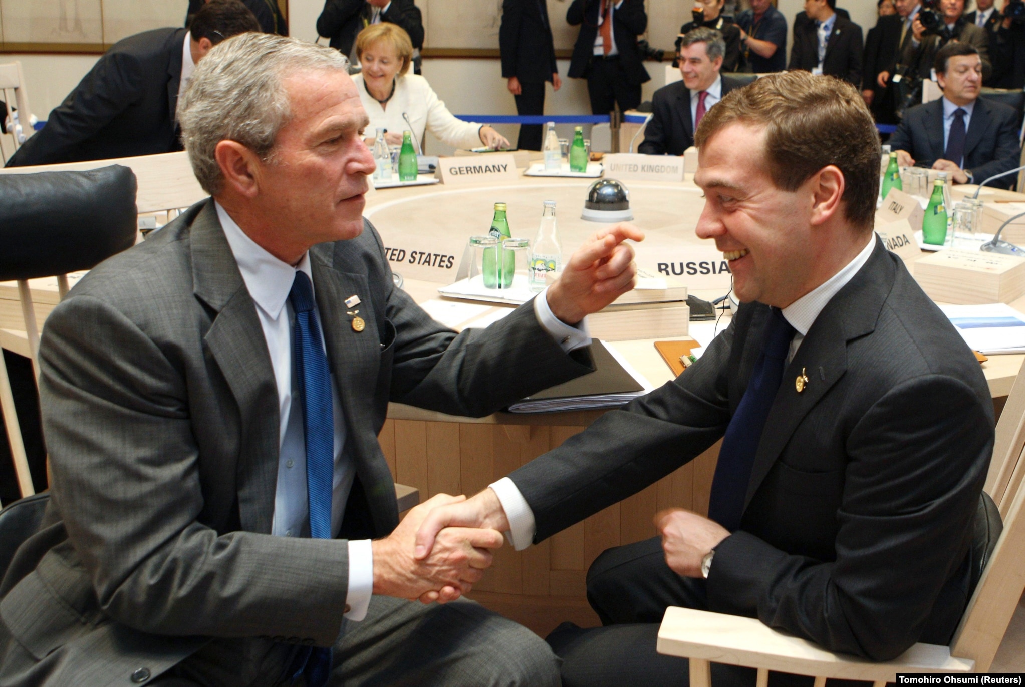 The Russian president meets with U.S. President George W. Bush before the start of a Group of Eight (G8) working session in northern Japan on July 8, 2008. Medvedev cultivated a more pro-Western image than his predecessor, and made gestures toward cracking down on corruption. 