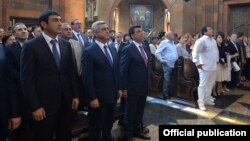 Armenia - President Serzh Sarkisian and businessman Gagik Tsarukian attend the consecration of a newly built church in Nor Hachin, 22Jul2015.