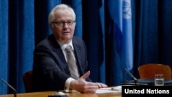 Russian Ambassador to the UN Vitaly Churkin briefing journalists in March