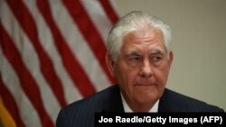 Secretary of State Rex Tillerson speaks with the media after he greeted Chinese President Xi Jinping at Palm Beach International Airport on April 6, 2017 in West Palm Beach, Florida