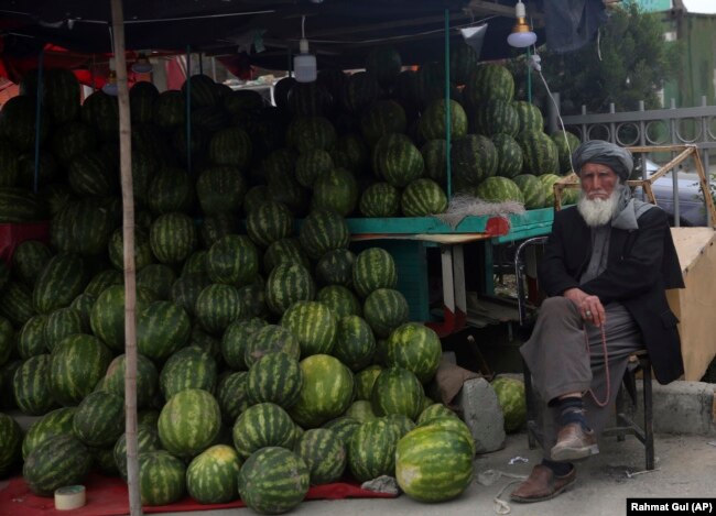 Një afgan i moshuar duke shitur shalqinj në një rrugë në Kabul.