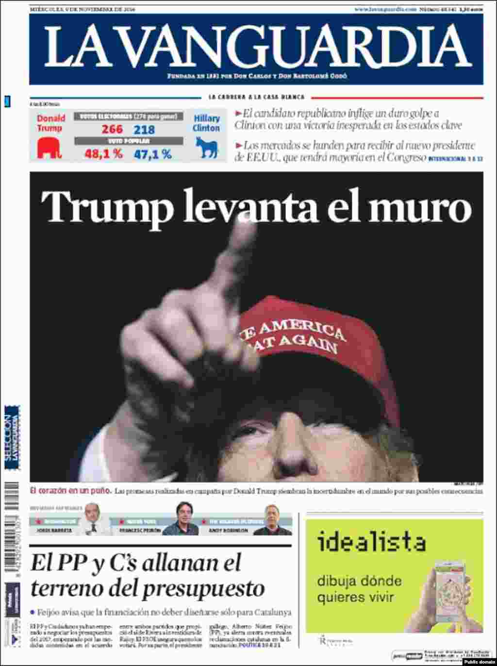 Spain&#39;s La Vanguardia newspaper. The headline reads &quot;Trump to raise the wall.&quot;