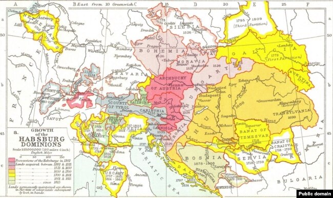 Мапа територіального зростання Габсбурзьких володінь (1335–1908)