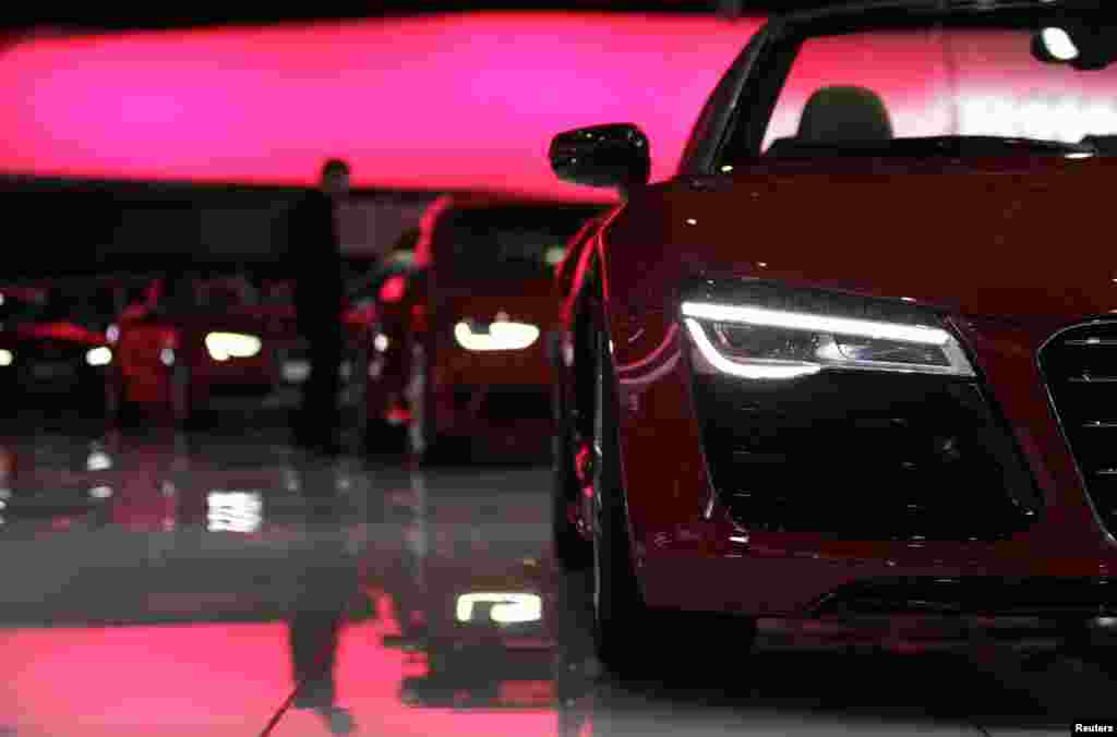 Staff prepare the Audi stand for the massive show.