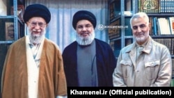 An image published on Ali Khamenei’s official website on September 25, 2019 showing Khamenei, the Iranian supreme leader, left, alongside Hezbollah chief Hassan Nasrallah, center, and late Qassem Soleimani.