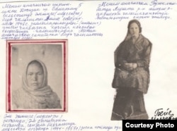 Эмине Курт-Амет Аширова, мама Бейе Ильясовой. Справа фотография довоенного периода, слева – в первые годы после депортации на спецпоселении в Узбекистане. Поясняющий текст о маме сделан рукой Бейе