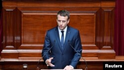 FRANCE -- French President Emmanuel Macron delivers a speech during a special congress gathering both houses of parliament (National Assembly and Senate) at the Versailles Palace, near Paris, France, July 3, 2017.